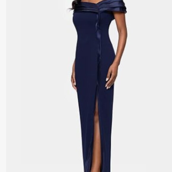 Navy Off-Shoulder Satin Trim Gown Elegant Evening dress Betsy & Adam size 14 NWT - Picture 4 of 5